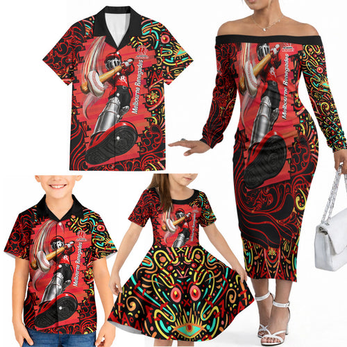 Personalized Melbourne Renegades Cricket Family Matching Off The Shoulder Long Sleeve Dress and Hawaiian Shirt Hippie Psychedelic Pattern Vibrant Mandala Art Style