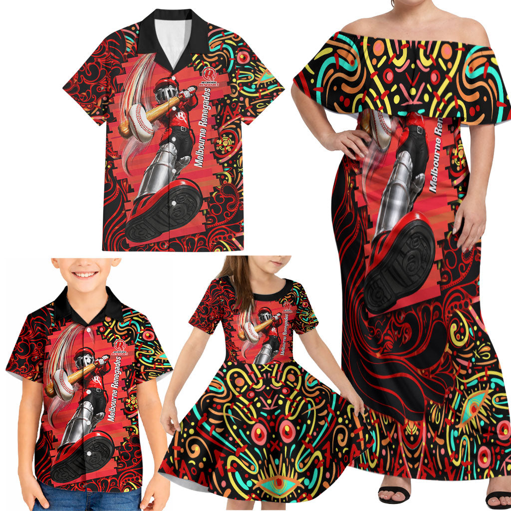 Personalized Melbourne Renegades Cricket Family Matching Off Shoulder Maxi Dress and Hawaiian Shirt Hippie Psychedelic Pattern Vibrant Mandala Art Style