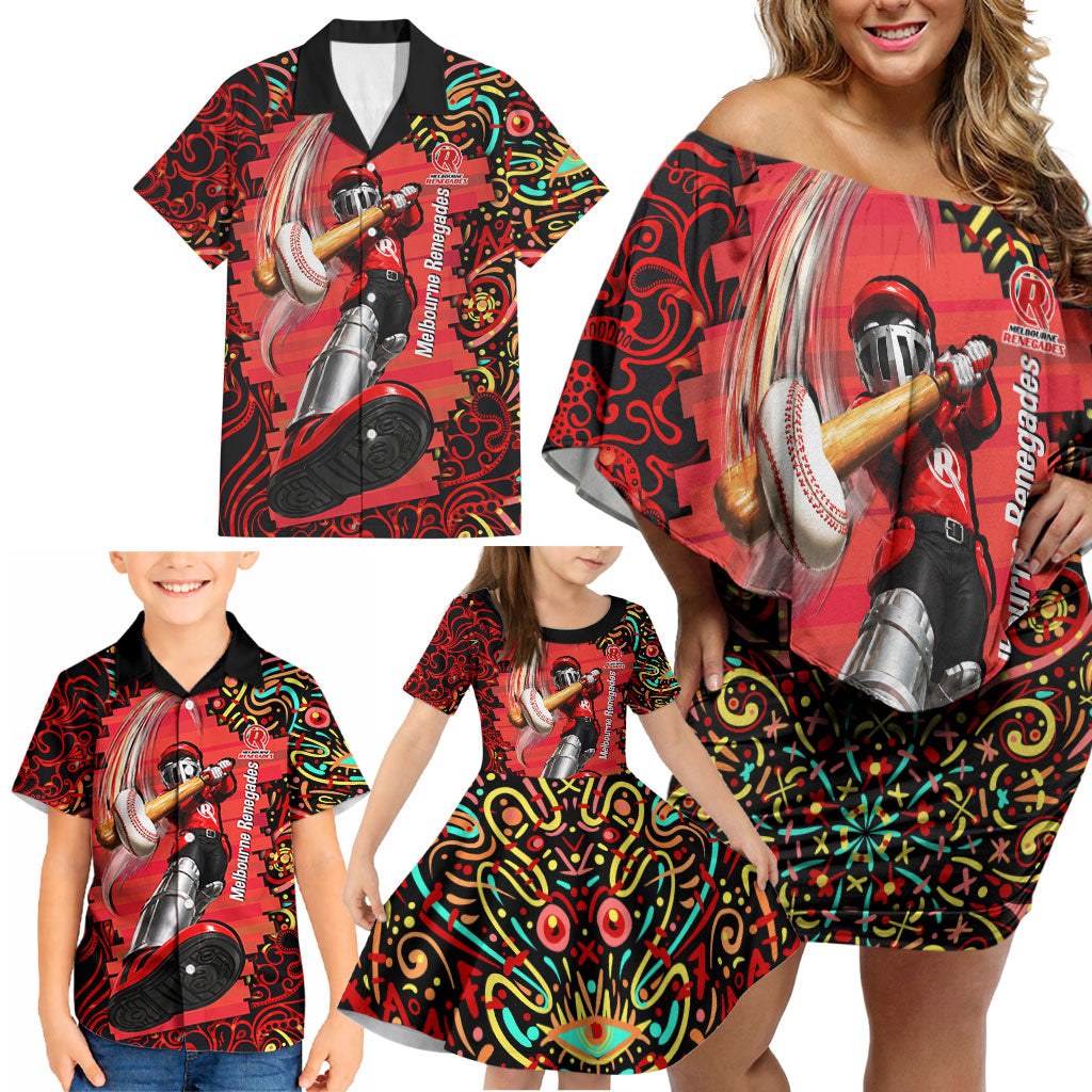 Personalized Melbourne Renegades Cricket Family Matching Off Shoulder Short Dress and Hawaiian Shirt Hippie Psychedelic Pattern Vibrant Mandala Art Style