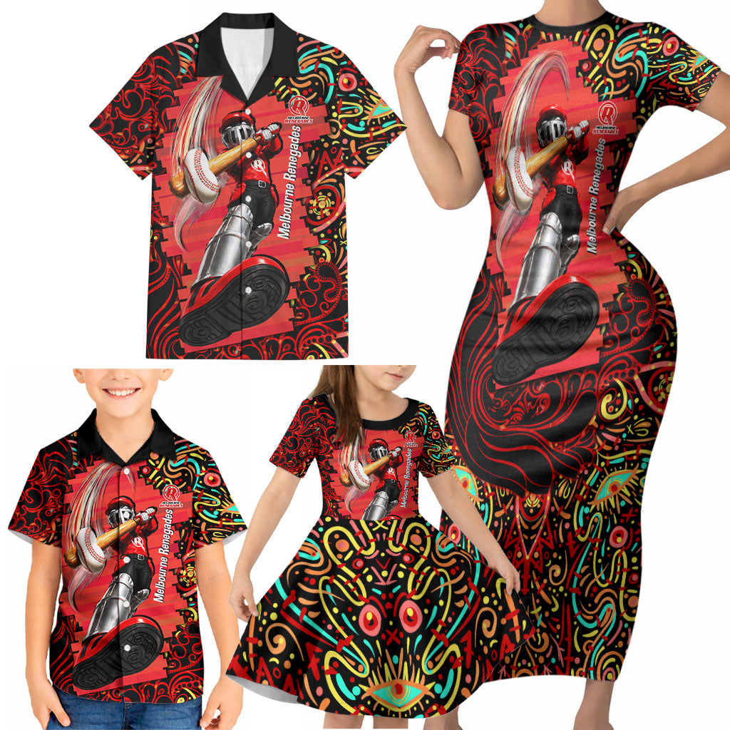 Personalized Melbourne Renegades Cricket Family Matching Short Sleeve Bodycon Dress and Hawaiian Shirt Hippie Psychedelic Pattern Vibrant Mandala Art Style