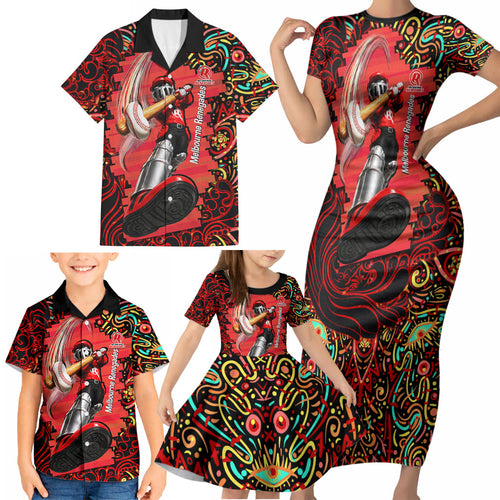 Personalized Melbourne Renegades Cricket Family Matching Short Sleeve Bodycon Dress and Hawaiian Shirt Hippie Psychedelic Pattern Vibrant Mandala Art Style