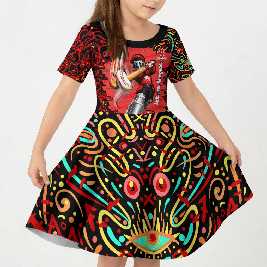 Personalized Melbourne Renegades Cricket Kid Short Sleeve Dress Hippie Psychedelic Pattern Vibrant Mandala Art Style