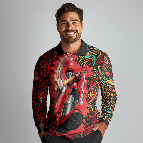 Personalized Melbourne Renegades Cricket Long Sleeve Polo Shirt Hippie Psychedelic Pattern Vibrant Mandala Art Style