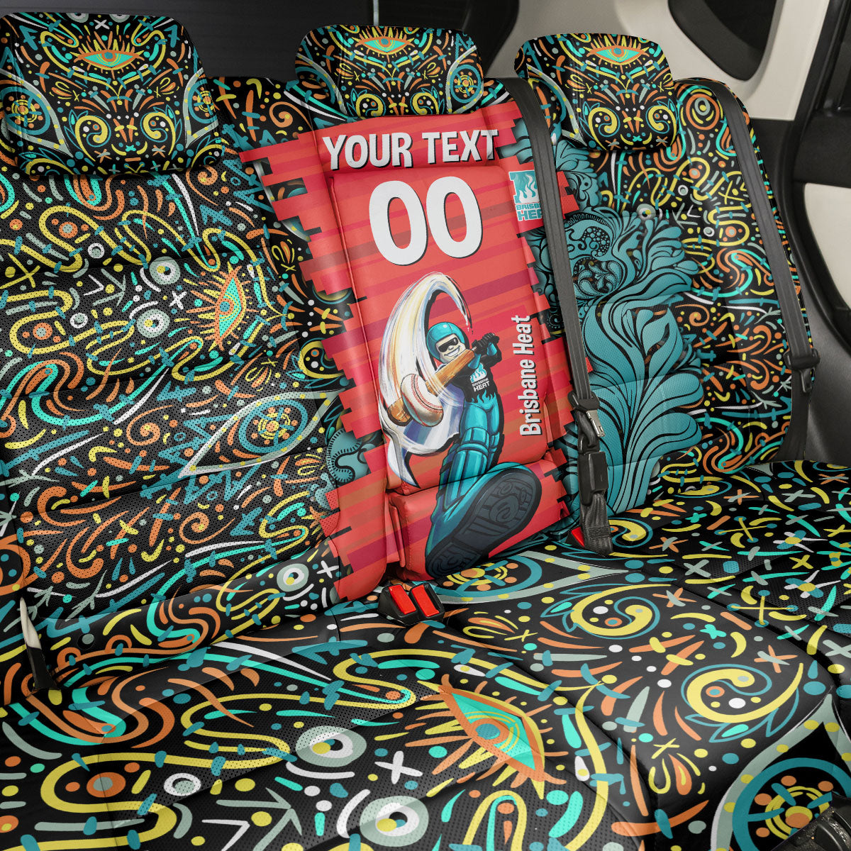 Personalized Brisbane Heat Cricket Back Car Seat Cover Hippie Psychedelic Pattern Vibrant Mandala Art Style