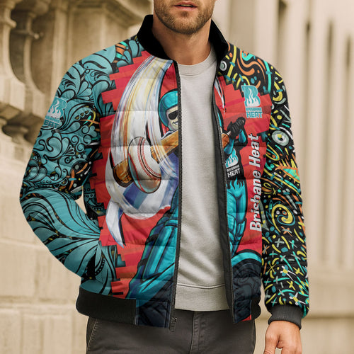 Personalized Brisbane Heat Cricket Bomber Puffer Jacket Hippie Psychedelic Pattern Vibrant Mandala Art Style