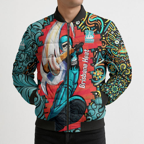 Personalized Brisbane Heat Cricket Bomber Puffer Jacket Hippie Psychedelic Pattern Vibrant Mandala Art Style
