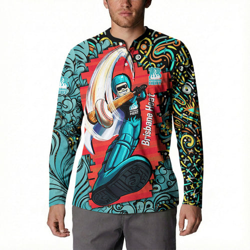 Personalized Brisbane Heat Cricket Button Sweatshirt Hippie Psychedelic Pattern Vibrant Mandala Art Style