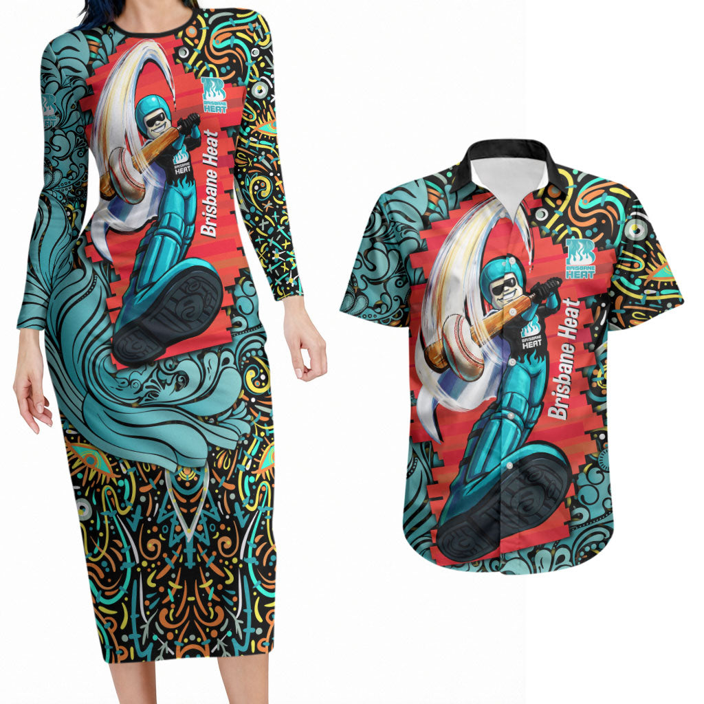 Personalized Brisbane Heat Cricket Couples Matching Long Sleeve Bodycon Dress and Hawaiian Shirt Hippie Psychedelic Pattern Vibrant Mandala Art Style