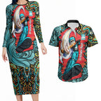 Personalized Brisbane Heat Cricket Couples Matching Long Sleeve Bodycon Dress and Hawaiian Shirt Hippie Psychedelic Pattern Vibrant Mandala Art Style