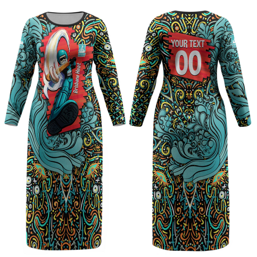 Personalized Brisbane Heat Cricket Couples Matching Long Sleeve Bodycon Dress and Hawaiian Shirt Hippie Psychedelic Pattern Vibrant Mandala Art Style