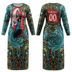 Personalized Brisbane Heat Cricket Couples Matching Long Sleeve Bodycon Dress and Hawaiian Shirt Hippie Psychedelic Pattern Vibrant Mandala Art Style