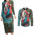 Personalized Brisbane Heat Cricket Couples Matching Long Sleeve Bodycon Dress and Long Sleeve Button Shirt Hippie Psychedelic Pattern Vibrant Mandala Art Style
