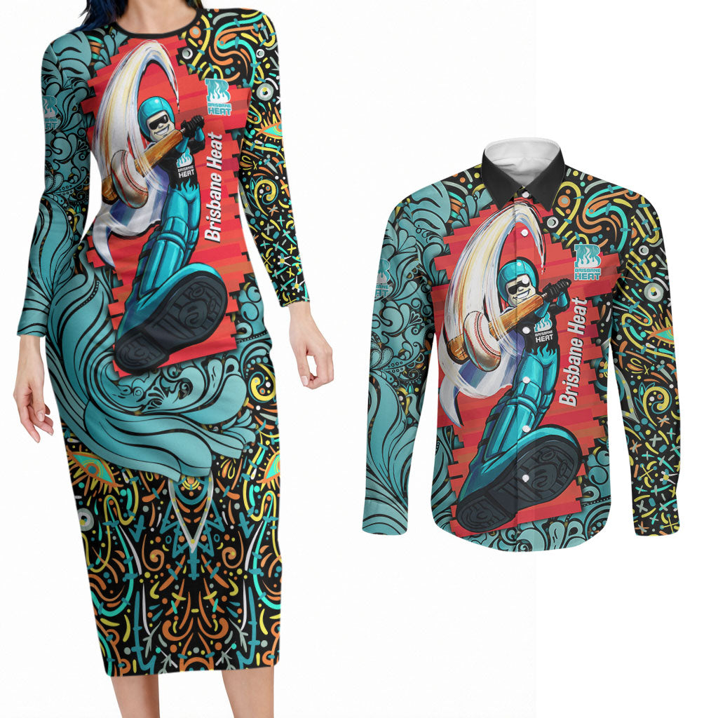 Personalized Brisbane Heat Cricket Couples Matching Long Sleeve Bodycon Dress and Long Sleeve Button Shirt Hippie Psychedelic Pattern Vibrant Mandala Art Style