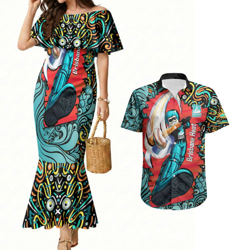 Personalized Brisbane Heat Cricket Couples Matching Mermaid Dress and Hawaiian Shirt Hippie Psychedelic Pattern Vibrant Mandala Art Style