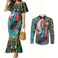 Personalized Brisbane Heat Cricket Couples Matching Mermaid Dress and Long Sleeve Button Shirt Hippie Psychedelic Pattern Vibrant Mandala Art Style