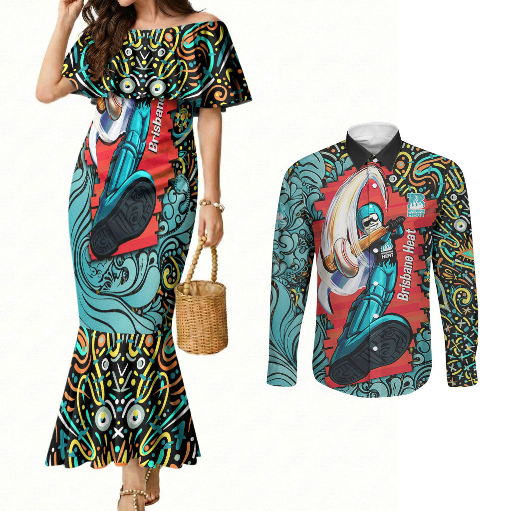 Personalized Brisbane Heat Cricket Couples Matching Mermaid Dress and Long Sleeve Button Shirt Hippie Psychedelic Pattern Vibrant Mandala Art Style