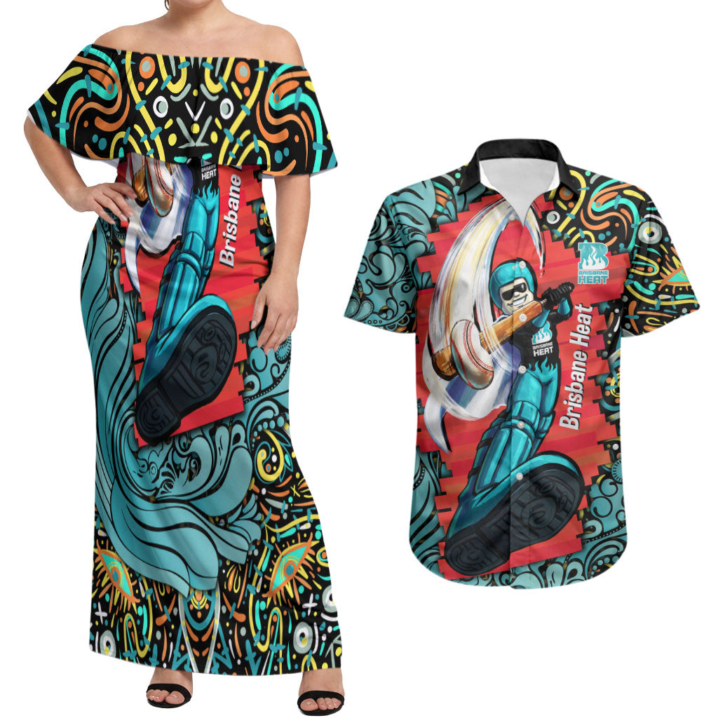 Personalized Brisbane Heat Cricket Couples Matching Off Shoulder Maxi Dress and Hawaiian Shirt Hippie Psychedelic Pattern Vibrant Mandala Art Style