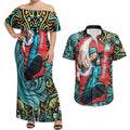 Personalized Brisbane Heat Cricket Couples Matching Off Shoulder Maxi Dress and Hawaiian Shirt Hippie Psychedelic Pattern Vibrant Mandala Art Style