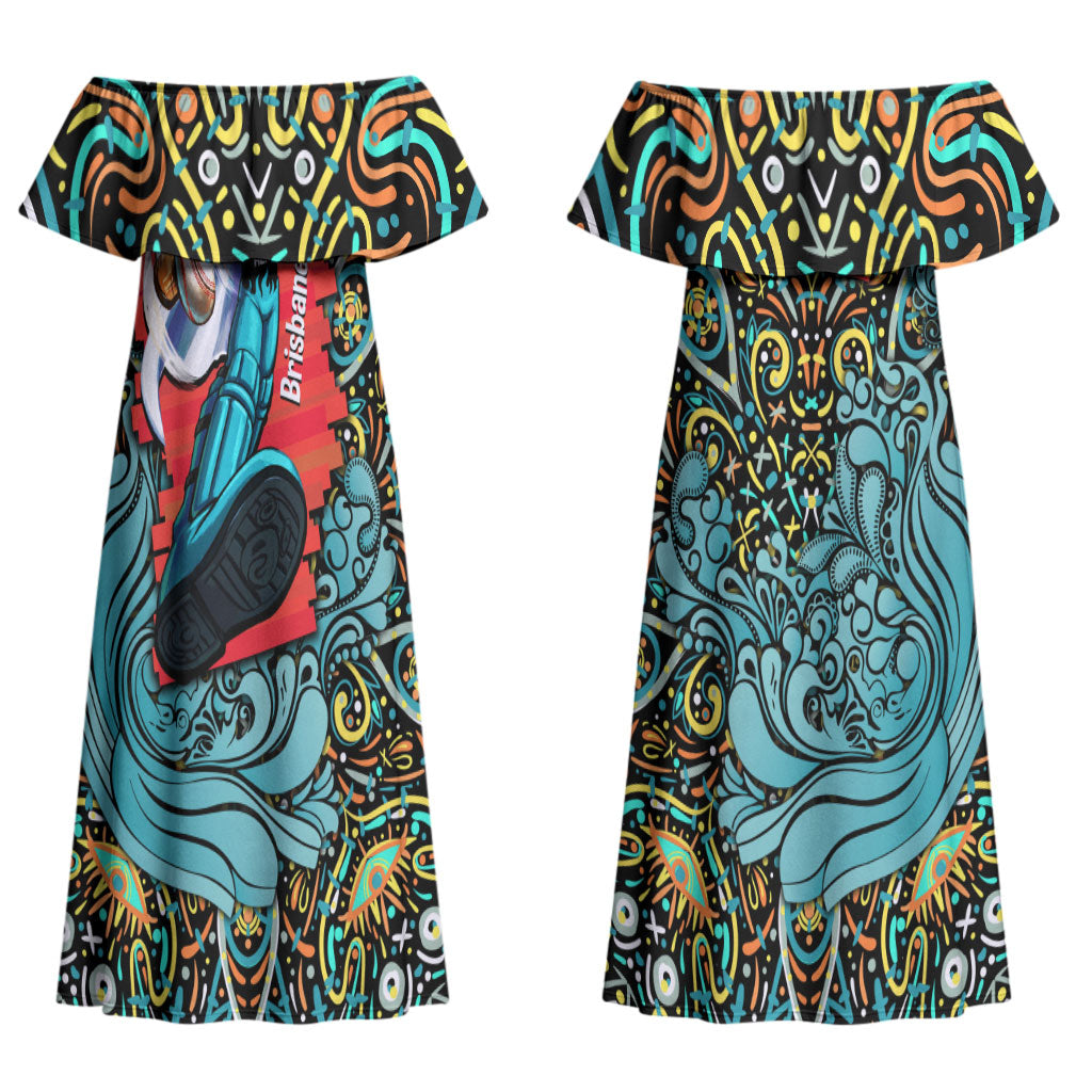 Personalized Brisbane Heat Cricket Couples Matching Off Shoulder Maxi Dress and Hawaiian Shirt Hippie Psychedelic Pattern Vibrant Mandala Art Style