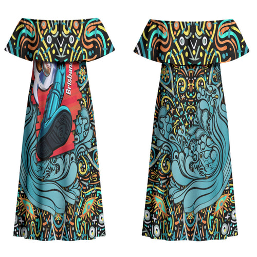 Personalized Brisbane Heat Cricket Couples Matching Off Shoulder Maxi Dress and Hawaiian Shirt Hippie Psychedelic Pattern Vibrant Mandala Art Style