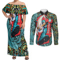 Personalized Brisbane Heat Cricket Couples Matching Off Shoulder Maxi Dress and Long Sleeve Button Shirt Hippie Psychedelic Pattern Vibrant Mandala Art Style
