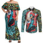 Personalized Brisbane Heat Cricket Couples Matching Off Shoulder Maxi Dress and Long Sleeve Button Shirt Hippie Psychedelic Pattern Vibrant Mandala Art Style