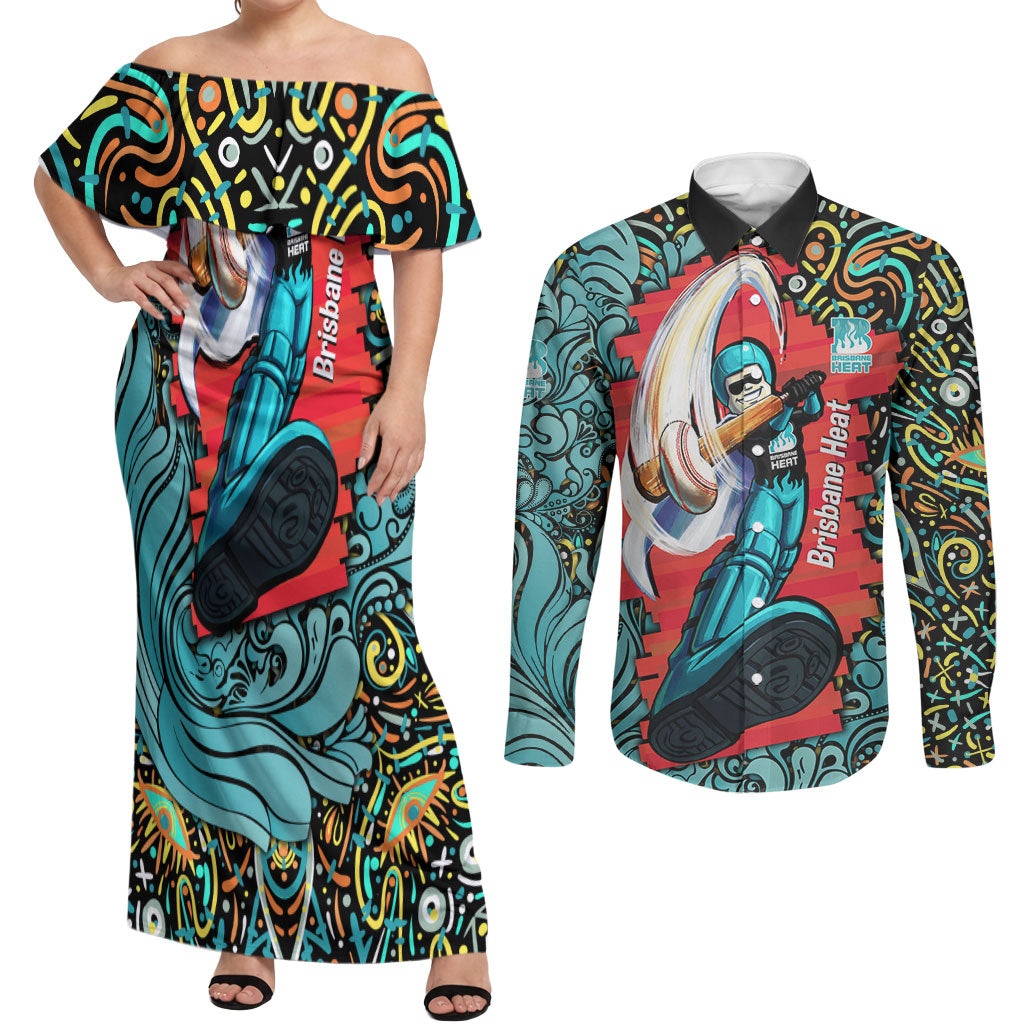 Personalized Brisbane Heat Cricket Couples Matching Off Shoulder Maxi Dress and Long Sleeve Button Shirt Hippie Psychedelic Pattern Vibrant Mandala Art Style