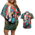 Personalized Brisbane Heat Cricket Couples Matching Off Shoulder Short Dress and Hawaiian Shirt Hippie Psychedelic Pattern Vibrant Mandala Art Style