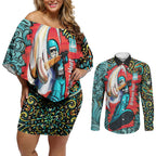 Personalized Brisbane Heat Cricket Couples Matching Off Shoulder Short Dress and Long Sleeve Button Shirt Hippie Psychedelic Pattern Vibrant Mandala Art Style
