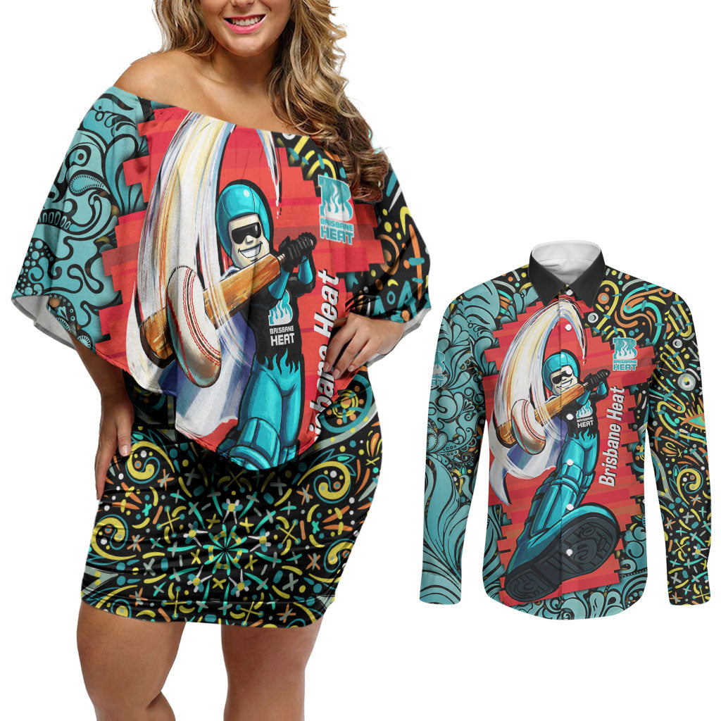 Personalized Brisbane Heat Cricket Couples Matching Off Shoulder Short Dress and Long Sleeve Button Shirt Hippie Psychedelic Pattern Vibrant Mandala Art Style