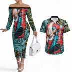 Personalized Brisbane Heat Cricket Couples Matching Off The Shoulder Long Sleeve Dress and Hawaiian Shirt Hippie Psychedelic Pattern Vibrant Mandala Art Style