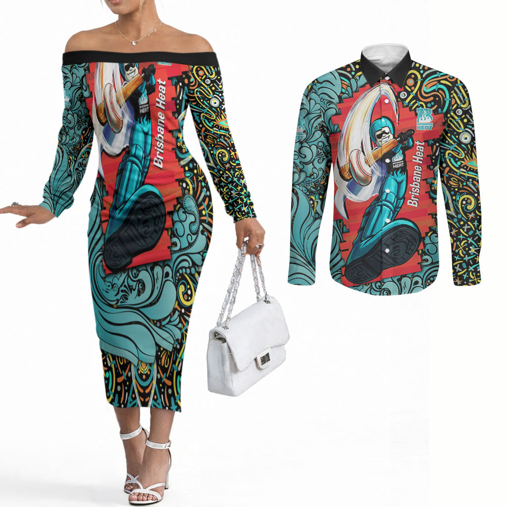 Personalized Brisbane Heat Cricket Couples Matching Off The Shoulder Long Sleeve Dress and Long Sleeve Button Shirt Hippie Psychedelic Pattern Vibrant Mandala Art Style