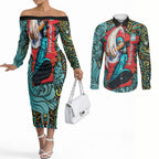Personalized Brisbane Heat Cricket Couples Matching Off The Shoulder Long Sleeve Dress and Long Sleeve Button Shirt Hippie Psychedelic Pattern Vibrant Mandala Art Style