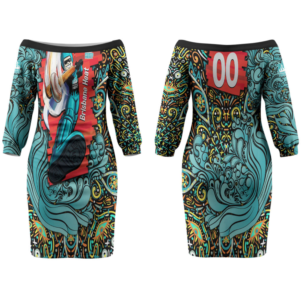 Personalized Brisbane Heat Cricket Couples Matching Off The Shoulder Long Sleeve Dress and Long Sleeve Button Shirt Hippie Psychedelic Pattern Vibrant Mandala Art Style