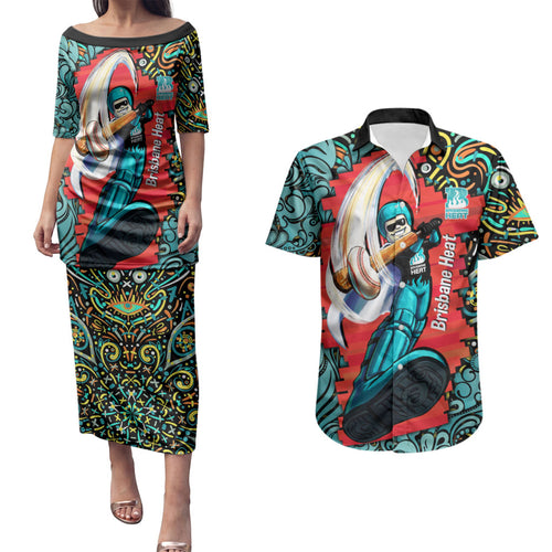 Personalized Brisbane Heat Cricket Couples Matching Puletasi and Hawaiian Shirt Hippie Psychedelic Pattern Vibrant Mandala Art Style