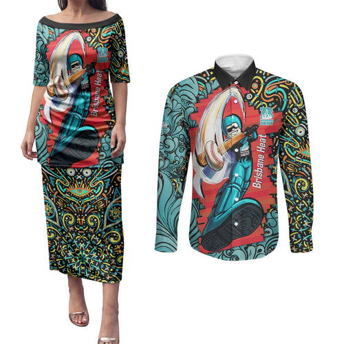Personalized Brisbane Heat Cricket Couples Matching Puletasi and Long Sleeve Button Shirt Hippie Psychedelic Pattern Vibrant Mandala Art Style