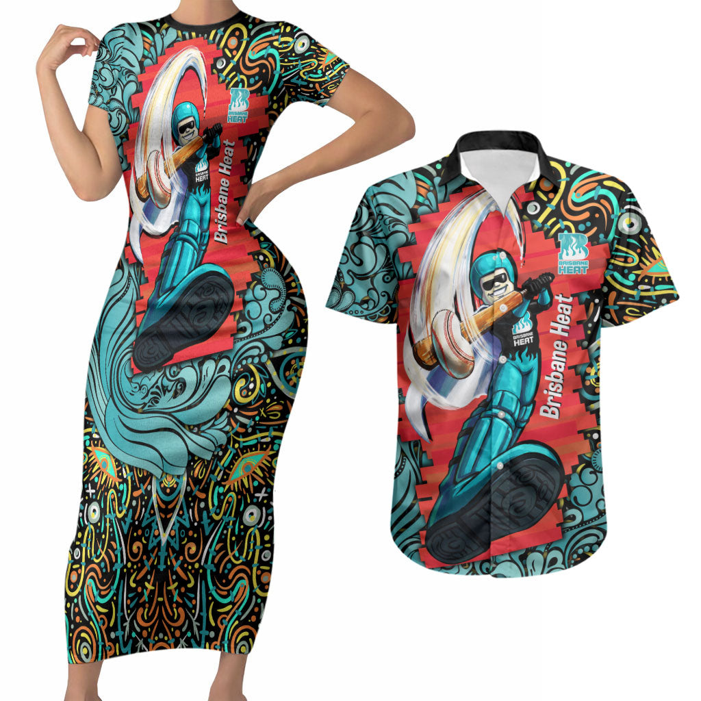 Personalized Brisbane Heat Cricket Couples Matching Short Sleeve Bodycon Dress and Hawaiian Shirt Hippie Psychedelic Pattern Vibrant Mandala Art Style
