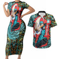 Personalized Brisbane Heat Cricket Couples Matching Short Sleeve Bodycon Dress and Hawaiian Shirt Hippie Psychedelic Pattern Vibrant Mandala Art Style