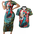 Personalized Brisbane Heat Cricket Couples Matching Short Sleeve Bodycon Dress and Hawaiian Shirt Hippie Psychedelic Pattern Vibrant Mandala Art Style