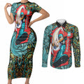 Personalized Brisbane Heat Cricket Couples Matching Short Sleeve Bodycon Dress and Long Sleeve Button Shirt Hippie Psychedelic Pattern Vibrant Mandala Art Style