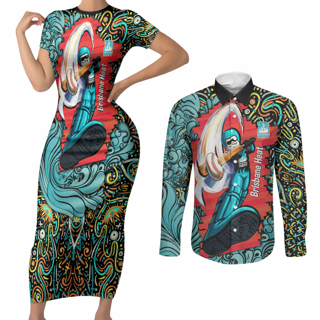 Personalized Brisbane Heat Cricket Couples Matching Short Sleeve Bodycon Dress and Long Sleeve Button Shirt Hippie Psychedelic Pattern Vibrant Mandala Art Style