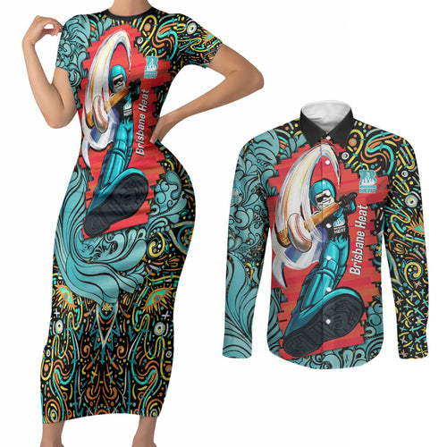 Personalized Brisbane Heat Cricket Couples Matching Short Sleeve Bodycon Dress and Long Sleeve Button Shirt Hippie Psychedelic Pattern Vibrant Mandala Art Style