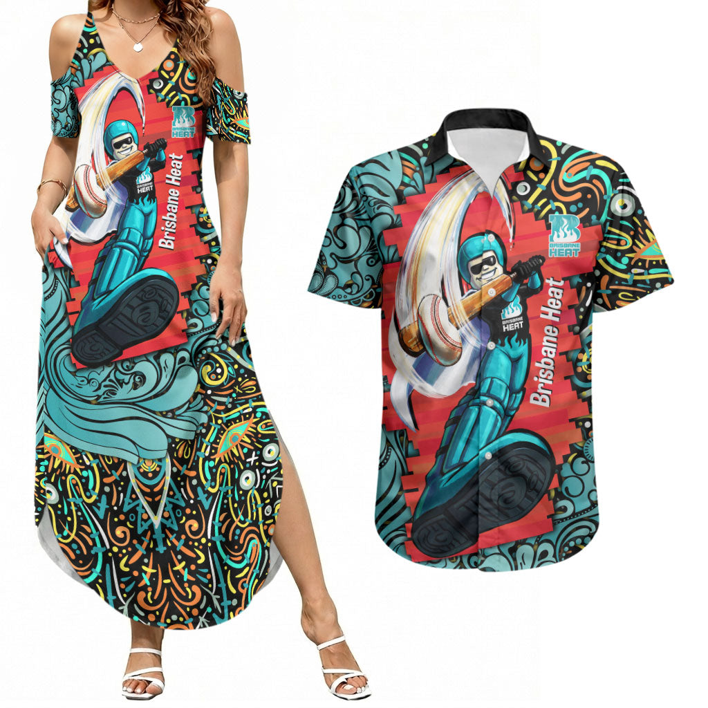 Personalized Brisbane Heat Cricket Couples Matching Summer Maxi Dress and Hawaiian Shirt Hippie Psychedelic Pattern Vibrant Mandala Art Style