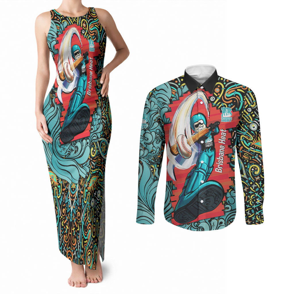 Personalized Brisbane Heat Cricket Couples Matching Tank Maxi Dress and Long Sleeve Button Shirt Hippie Psychedelic Pattern Vibrant Mandala Art Style