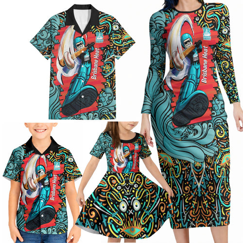 Personalized Brisbane Heat Cricket Family Matching Long Sleeve Bodycon Dress and Hawaiian Shirt Hippie Psychedelic Pattern Vibrant Mandala Art Style