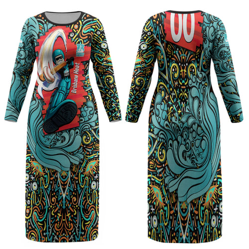 Personalized Brisbane Heat Cricket Family Matching Long Sleeve Bodycon Dress and Hawaiian Shirt Hippie Psychedelic Pattern Vibrant Mandala Art Style