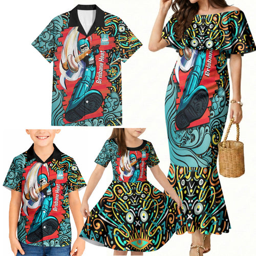 Personalized Brisbane Heat Cricket Family Matching Mermaid Dress and Hawaiian Shirt Hippie Psychedelic Pattern Vibrant Mandala Art Style