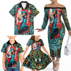 Personalized Brisbane Heat Cricket Family Matching Off The Shoulder Long Sleeve Dress and Hawaiian Shirt Hippie Psychedelic Pattern Vibrant Mandala Art Style