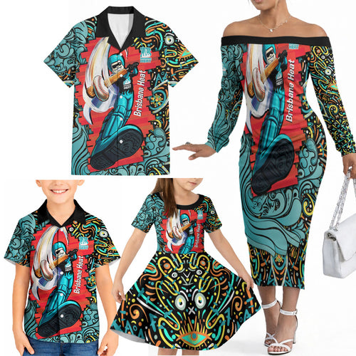 Personalized Brisbane Heat Cricket Family Matching Off The Shoulder Long Sleeve Dress and Hawaiian Shirt Hippie Psychedelic Pattern Vibrant Mandala Art Style