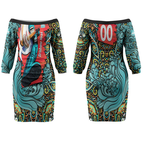 Personalized Brisbane Heat Cricket Family Matching Off The Shoulder Long Sleeve Dress and Hawaiian Shirt Hippie Psychedelic Pattern Vibrant Mandala Art Style